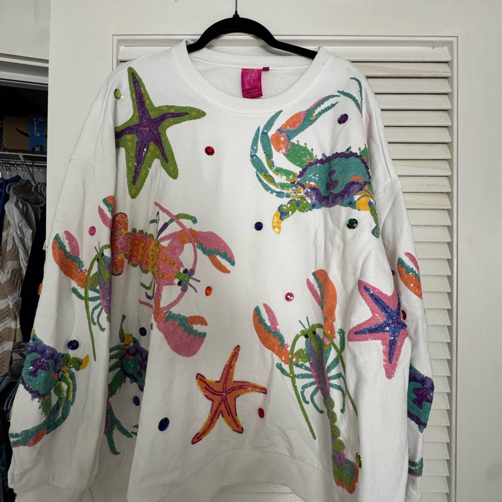 Queen of Sparkles Lobster Crab Starfish Sequin Sweatshirt XL Coastal